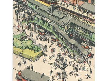 Vintage NYC Art Print — 1920s Greeley Square El Train — New York Wall Decor