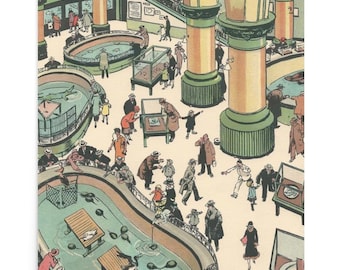 Vintage New York Aquarium Print – 1927 Battery Park NYC Illustration – Historic Wall Art Poster
