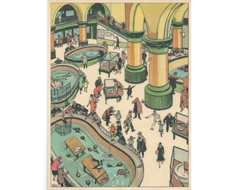 Plakat z zabytkowym nowojorskim akwarium – ilustracja z Battery Park w Nowym Jorku z 1927 roku – historyczny plakat ścienny