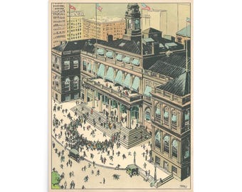 Plakat z ilustracją przedstawiającą ratusz w Nowym Jorku z lat 20. XX wieku – Historyczna sztuka ścienna na Manhattanie