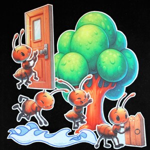 May include: Five red ants are walking around a green tree with a brown trunk. One ant is opening a wooden door. The ants are on a blue and white wave background.