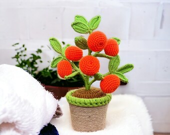 Handmade Crochet Orange Flower Bonsai, Vibrant Botanical Charm for Bedroom, Living Room, Desk - Unique Home Decor Accent