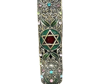 Ornate Star of David Mezuzah with Crystal detail 5.5" Tall