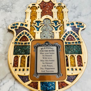 Large Judaica Hamsa Plaque with Semiprecious Stones and Home Blessing