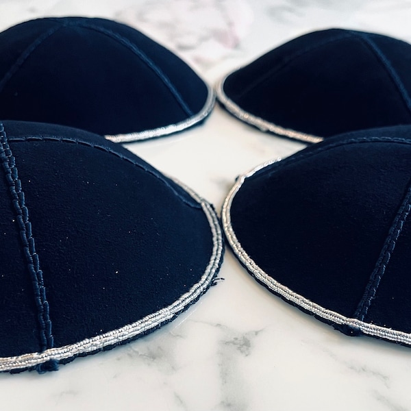 4 pack Navy Suede Kippot with Silver Trim detail