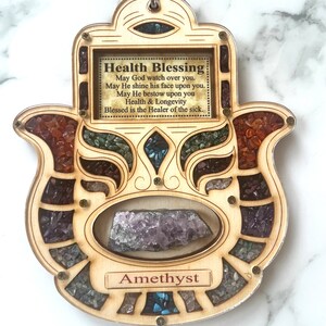 Judaica Hamsa Plaque with amethyst, semi precious stones and  Health blessing