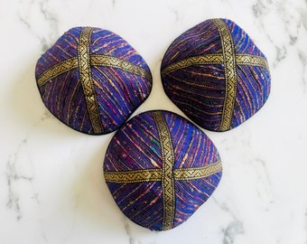 3 pack  Multicolor Purple Metallic Kippah with Gold trim.