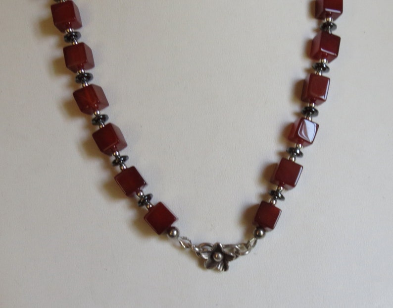 Tomato Red Chalcedony Cubes Handmade Necklace with Sterling Silver and Hematite Disks Women/'s Jewelry Anniversary Birthday Great Gift