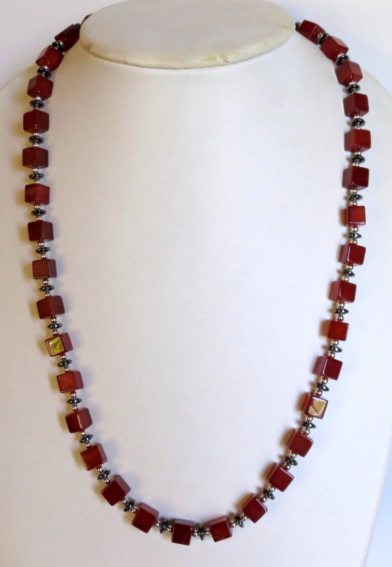 Tomato Red Chalcedony Cubes Handmade Necklace with Sterling Silver and Hematite Disks Women/'s Jewelry Anniversary Birthday Great Gift
