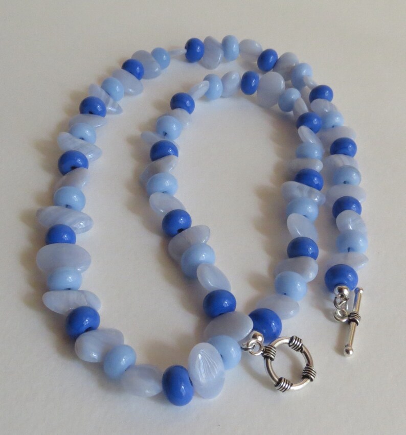 Semi Precious Stones Anniversary Blue Agate Necklace Birthday Wonderful Gift Idea Lovely in Blues Lampwork Beads and Sterling Silver