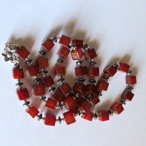 Tomato Red Chalcedony Cubes Handmade Necklace with Sterling Silver and Hematite Disks Women/'s Jewelry Anniversary Birthday Great Gift