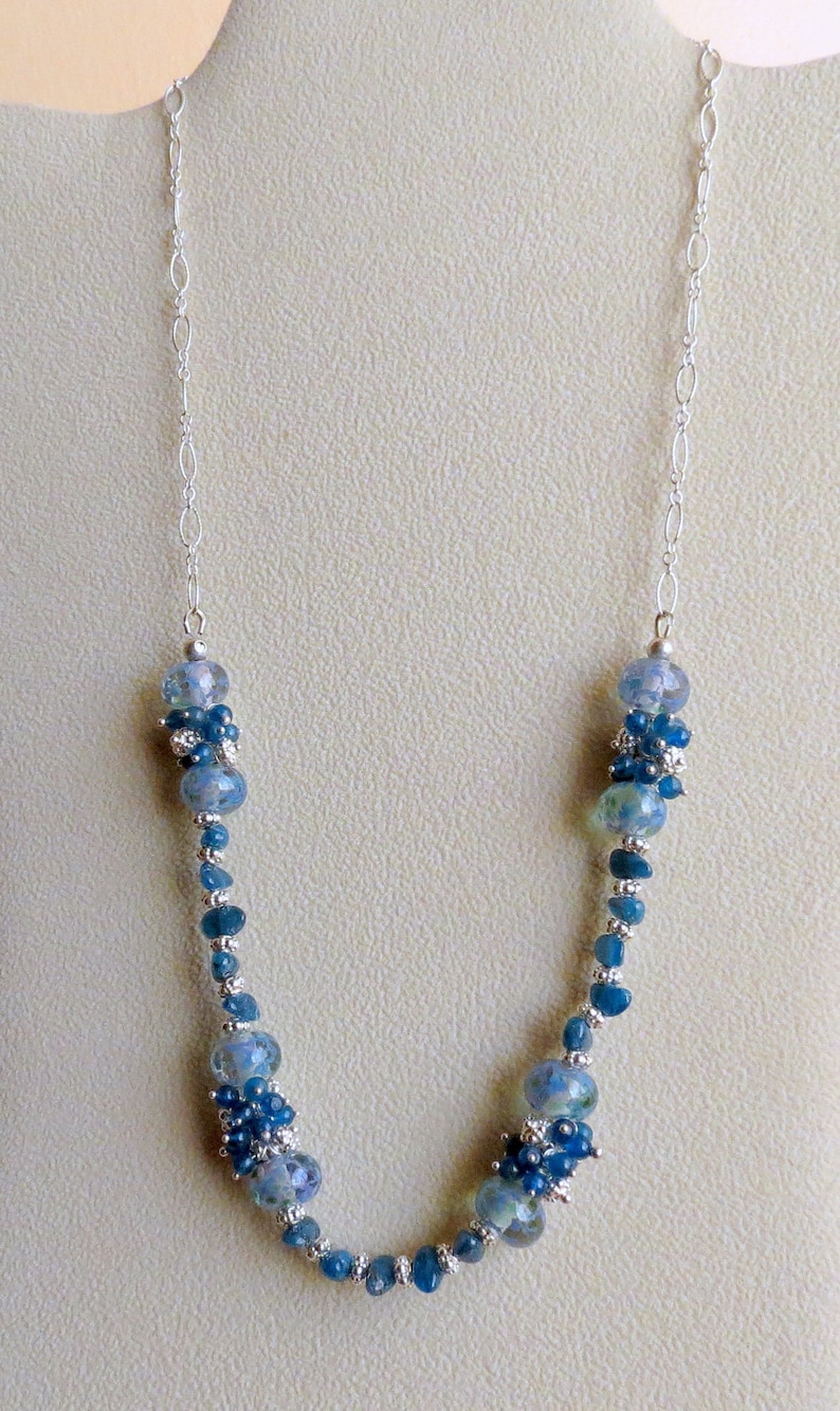 Hand Beaded Necklace Made With Peacock Blue Apatite, Lamp Work Beads