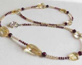 Necklace made with Garnets Rounds January Birthstone, Citrine Chunks and Rondelle, November Birthstone and Sterling Silver Spacer Bead, Gift