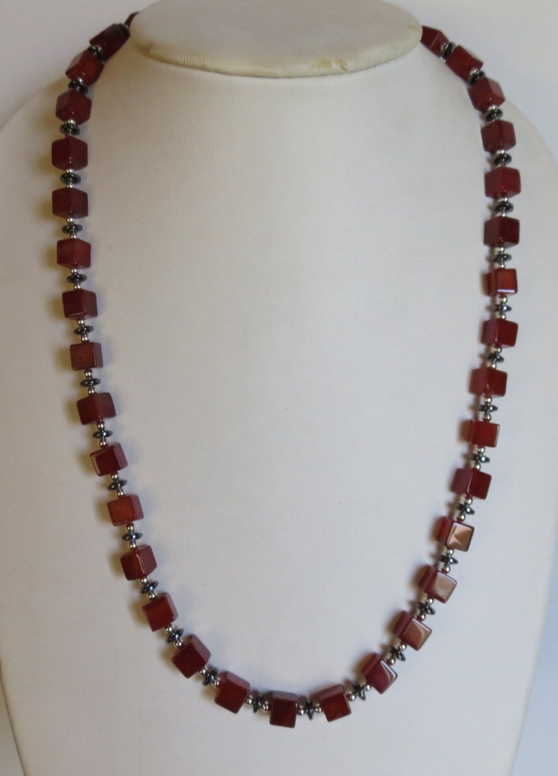 Tomato Red Chalcedony Cubes Handmade Necklace with Sterling Silver and Hematite Disks Women/'s Jewelry Anniversary Birthday Great Gift