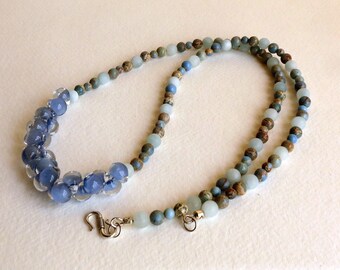 Lovely Necklace in Blues and Beige Hand Beaded Sea Sediment Jasper, Teardrop Lamp work Beads and SS, Semi Precious Stones, Lovely Gift Idea