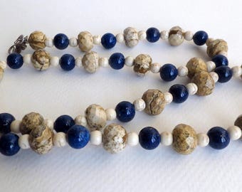 Picture Jasper, Sodalite and Magnesite  Hand Beaded Necklace with a Sterling Silver Clasp, Unisex Jewelry, Lovely Gift Idea, Accessory