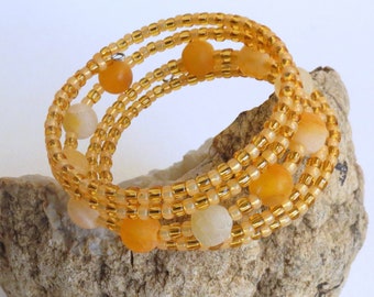 Amber and Yellow Shades of Fire Agate and Toho Beads Memory Wire Bracelet, Semi Precious Stones, Birthday, Anniversary Gift Idea