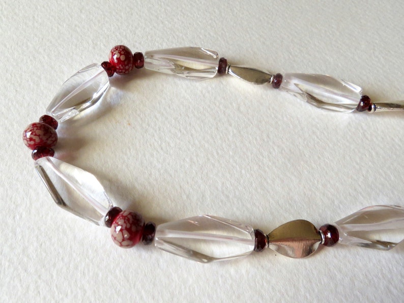 Hand Beaded Necklace with Clear Quartz, Garnets, Lampwork Beads, and Sterling Silver, Handmade Jewelry, Women Accessory, January Birthstone image 2