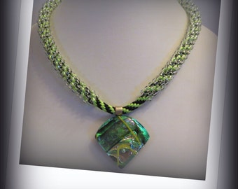 On Sale, Kumihimo Necklace,  Dichroic Glass Pendant, Green and Black Tones, Unisex Jewelry, Gift Idea