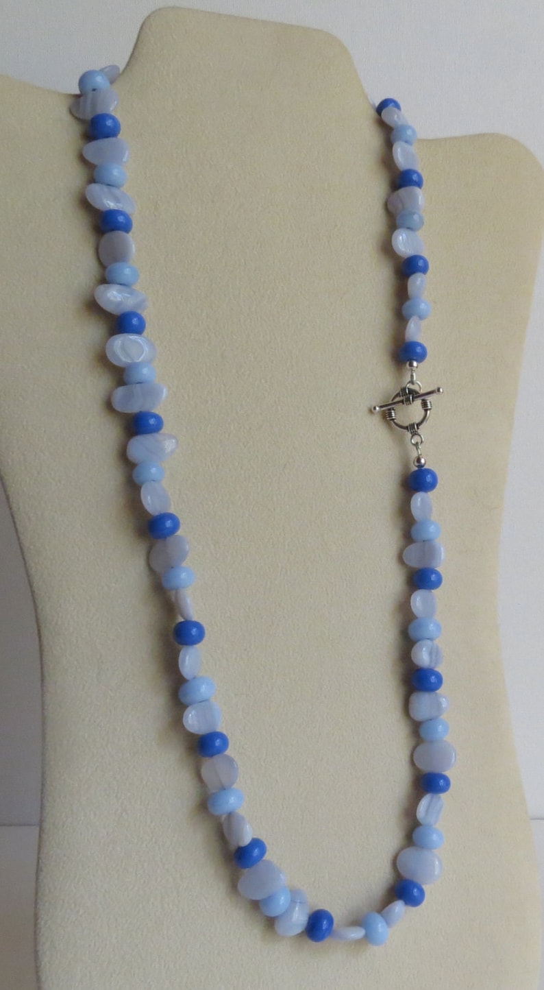 Semi Precious Stones Anniversary Blue Agate Necklace Birthday Wonderful Gift Idea Lovely in Blues Lampwork Beads and Sterling Silver