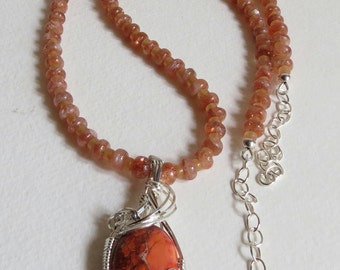 Handmade Necklace, Peach Moonstone and Sunstone  with Wire Wrapped Agate Pendant, Ladies Jewelry, Women's Accessory Lovely Gift Idea.