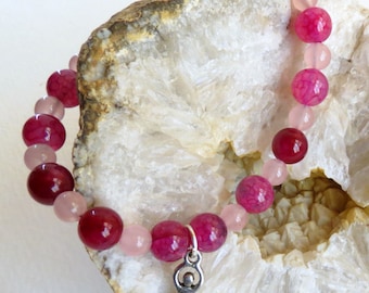 Hot Pink Agate and Pale Pink Jade  Bracelet with Goddess Charm for the Goddess That You Are, Semi Precious Stones, Ladies Jewelry, Gift Idea