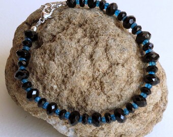Apatite Blue Rondelles and Black Onyx Rondelles, Handmade Bracelet with Sterling Silver Clasp, Women's Accessory, Gift Idea, Women Jewelry