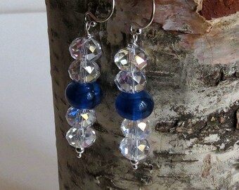 Dangle Handmade Earrings with Lots of Sparkle in Vintage Crystals with a Cobalt Blue Lamp Work Bead, Women's Jewelry, Ladies Accessories