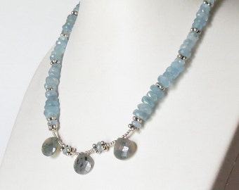 Necklace with Aquamarine the March Birthstone, Agate and Sterling Silver Beads and Clasp, Ladies Accessory,  Lovely Birthday Gift Idea
