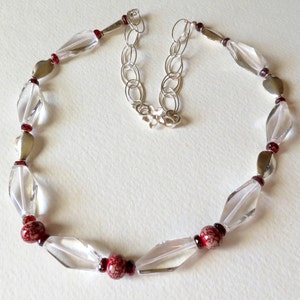 Hand Beaded Necklace with Clear Quartz, Garnets, Lampwork Beads, and Sterling Silver, Handmade Jewelry, Women Accessory, January Birthstone image 1