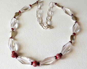 Hand Beaded Necklace with Clear Quartz, Garnets, Lampwork Beads, and Sterling Silver, Handmade Jewelry, Women Accessory, January Birthstone