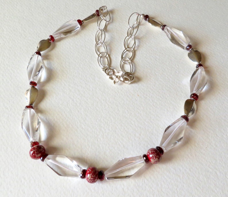 Hand Beaded Necklace with Clear Quartz, Garnets, Lampwork Beads, and Sterling Silver, Handmade Jewelry, Women Accessory, January Birthstone image 1