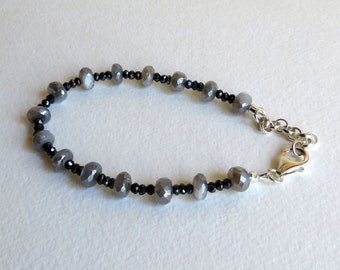 Bracelet with Black Sapphires Sept Birthstone and Silvertite Moonstone, Sterling Silver Lobster Claw Clasp, Extension Chain, Birthday Gift