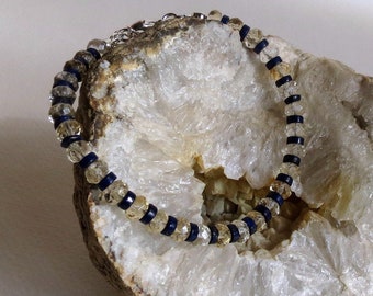 Beautiful Hand Beaded Lapis Rondelles  and Faceted Citrine Semi Precious Stones Bracelet with Sterling Silver Extension Chain,  Jewelry