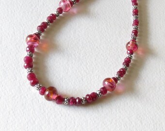 Handmade Necklace made with Beautiful Rubies that are the July Birthstone,  Handmade Lampwork Beads and Sterling Silver, Wedding Necklace