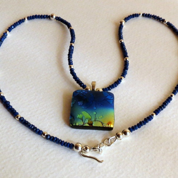 Necklace with Blue Sapphires, Fused Glass Dichroic Pendant and Sterling Silver, Statteam