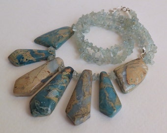 Necklace in Light Blue Aqua Terra Jasper Necklace with Aquamarine which is the March Birthstone Chips, Semi Precious Stones, Great Gift