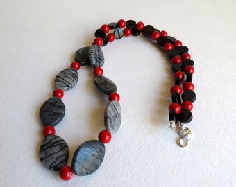 Necklace made with Picassco Jasper, Black Onyx and Red Mountain Jade, Sterling Silver Clasp, Semi Precious Stones, Ladies Accessoy, Gift