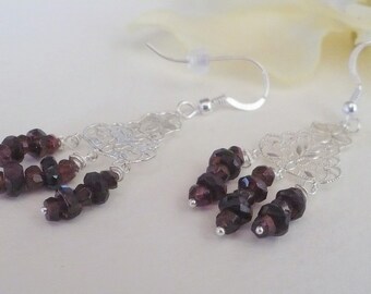 Dangle Earrings Leaf and Vines Chandelier Earrings, Garnets are January Birthstone and Sterling Silver, Women Accessory Anniversary, Gift