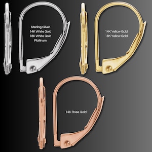 May include: An assortment of earring findings in sterling silver, 14K white gold, 18K white gold, platinum, 14K yellow gold, 18K yellow gold, and 14K rose gold. The image shows the findings from multiple angles, with text labels identifying the metal types.