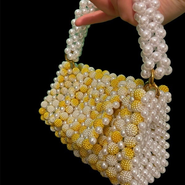White and Yellow  Pearl Bead Bag | Women Handbag with Chain Strap | Evening Bag | Special Day Gift | Pearl Handbag - Handmade Beaded bag