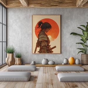 May include: Framed art print featuring a samurai warrior in profile against a vibrant orange sun. The artwork has a vintage aesthetic with a muted color palette, showcasing the warrior's armor and a katana.