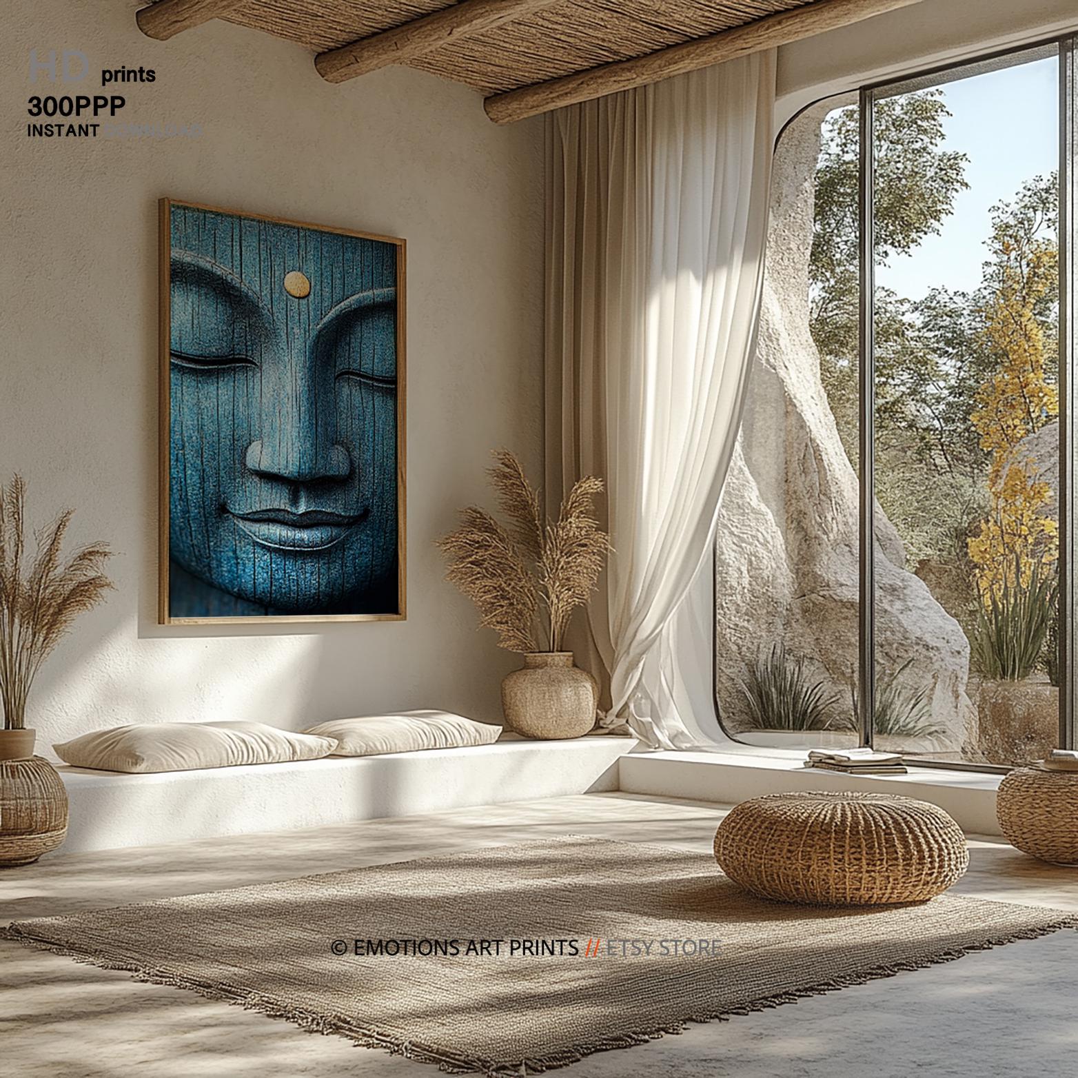 Tranquil Buddha Face Wall Art, Blue and Gold Buddha , Zen Meditation