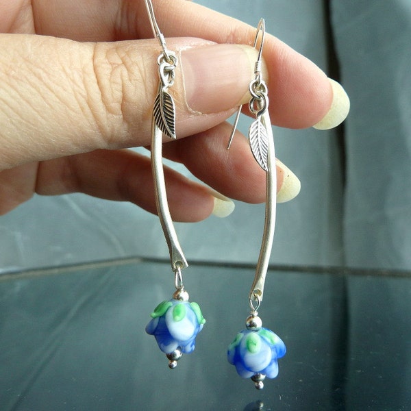 Long Blue Rose Earrings in sterling silver lampwork glass flowers leaves tapered curved jewelry