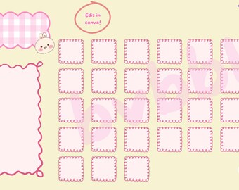 Plantilla de calendario editable con un lindo dibujo de animales en rosa y amarillo. Calendario digital imprimible y editable en Canva.