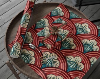 Papel de regalo con estampado de ondas japonesas/papel de regalo vintage con ondas, diseño rojo y verde azulado