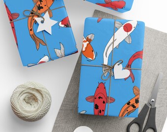 Papel de regalo con estampado de peces koi / Diseño de estanque oriental azul
