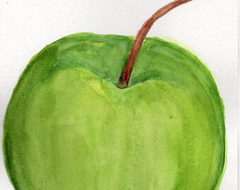 Original Green Apple Watercolor Painting, Small Fruit Painting, Food Kitchen Wall Art, Granny Smith apple 4 x 6,