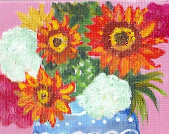 Original Sunflowers, hydrangeas Mini canvas art 4 x 4 , flowers painting,  blue vase,  acrylic painting canvas