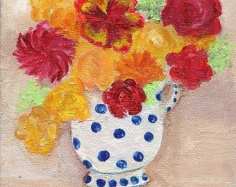 Dahlias, peonies mini canvas art acrylics painting, Oriental blue and white vase  Original flower artwork 4 x 4, gift